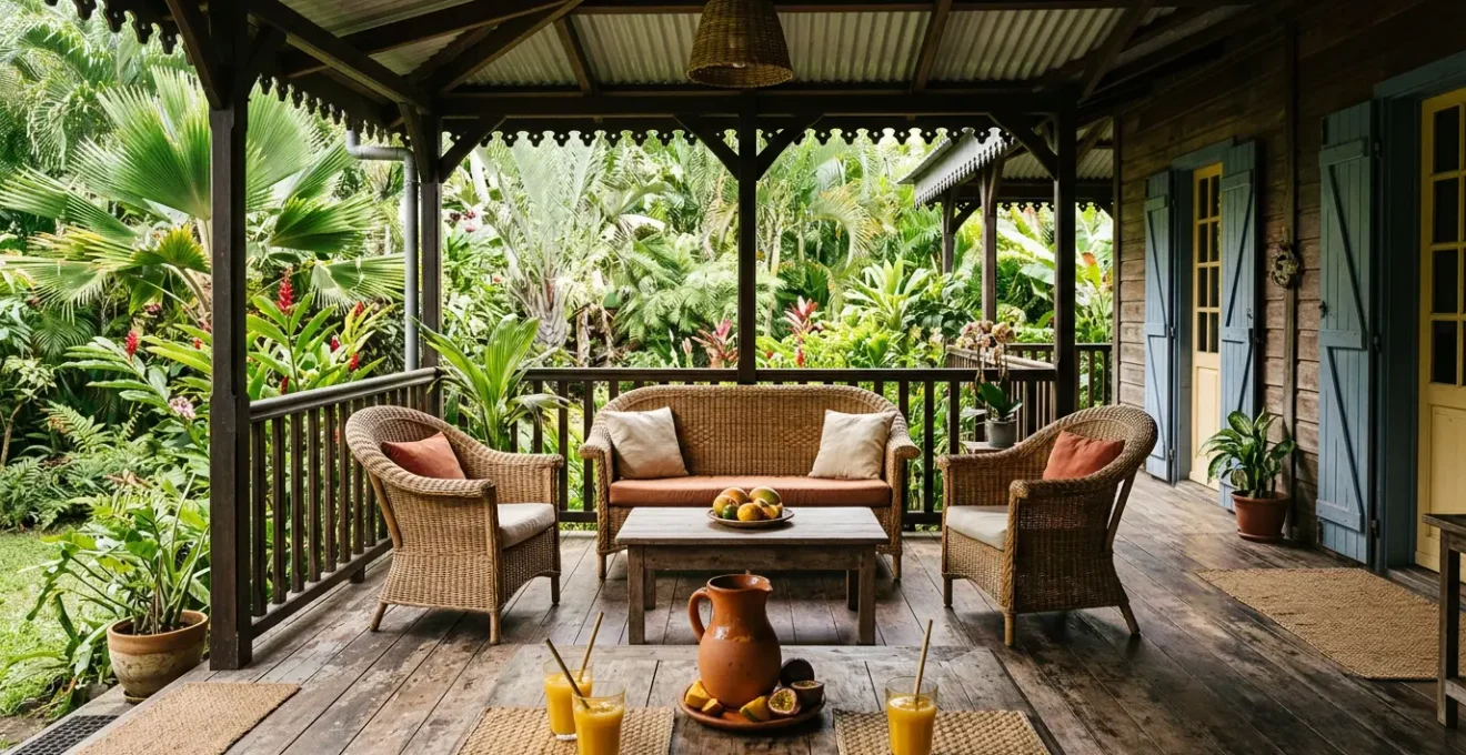 Vue d'une varangue créole traditionnelle à La Réunion avec des chaises en rotin et une vue sur le jardin tropical