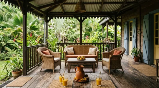Vue d'une varangue créole traditionnelle à La Réunion avec des chaises en rotin et une vue sur le jardin tropical