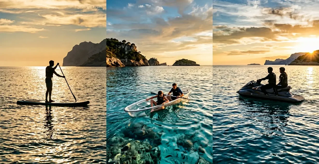Trois activités nautiques en mer avec paddle, kayak et jet-ski sous un ciel ensoleillé
