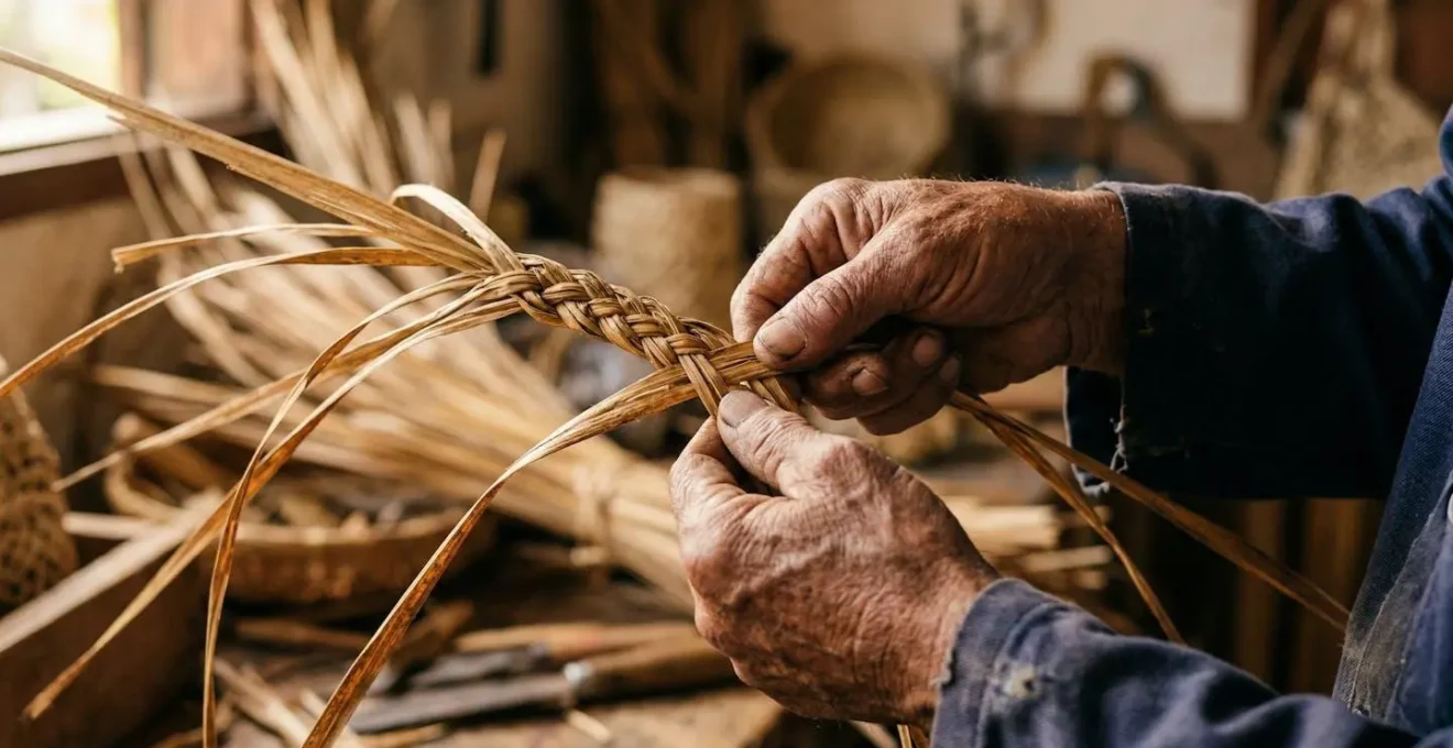 Mains expertes d'un artisan tressant des feuilles de vacoa dorées dans un atelier traditionnel