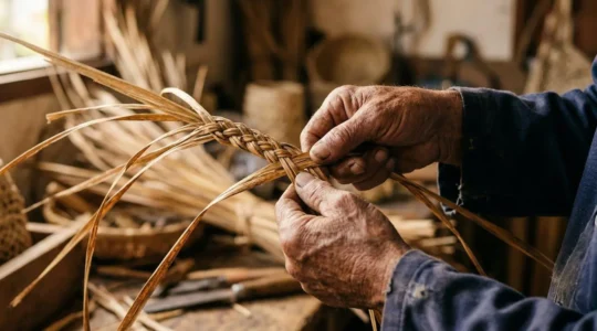 Mains expertes d'un artisan tressant des feuilles de vacoa dorées dans un atelier traditionnel
