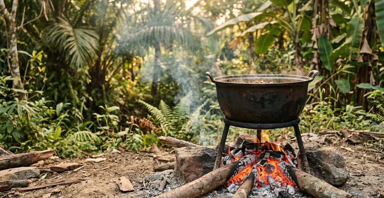 Marmite en fonte sur braises rougeoyantes dans un foyer traditionnel de cuisson au feu de bois