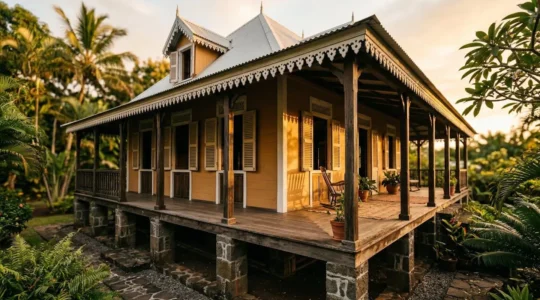 Case créole traditionnelle avec sa varangue ombragée et ses lambrequins décoratifs, montrant le système de ventilation naturelle