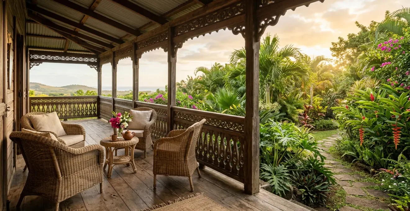 Vue d'une varangue créole accueillante avec une table dressée pour le petit-déjeuner et vue sur un jardin tropical