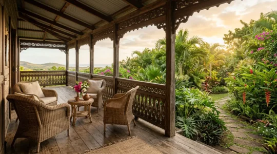 Vue d'une varangue créole accueillante avec une table dressée pour le petit-déjeuner et vue sur un jardin tropical