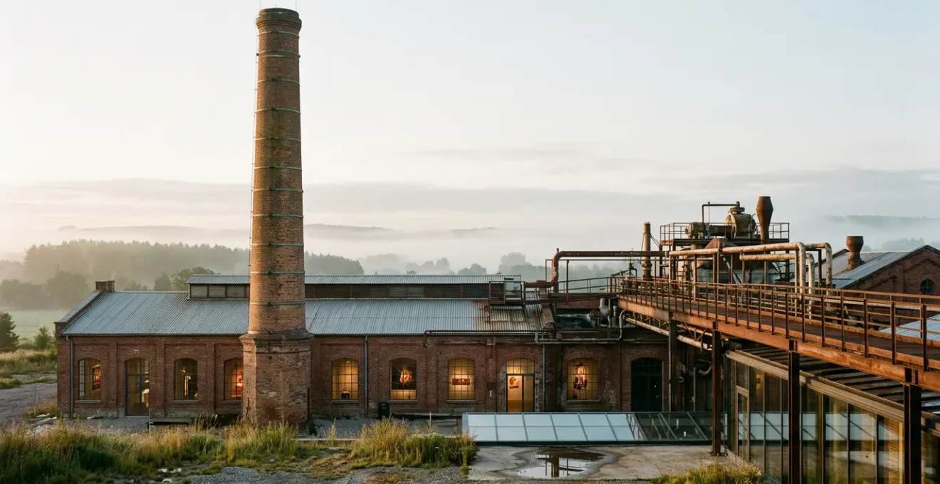 Cheminée industrielle d'une ancienne sucrerie dominant un espace culturel en reconversion