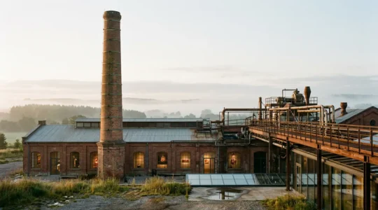 Cheminée industrielle d'une ancienne sucrerie dominant un espace culturel en reconversion