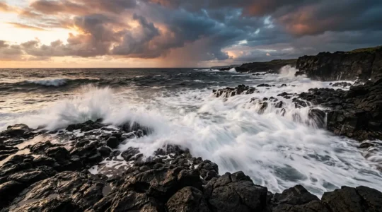 Photographie en pose longue montrant l'impact dramatique de vagues blanches écumeuses sur des roches basaltiques noires de La Réunion