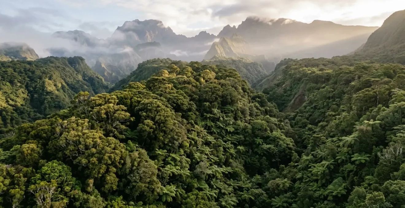 Forêt tropicale endémique de La Réunion avec des tamaris des Hauts et fougères arborescentes dominant un paysage montagneux brumeux