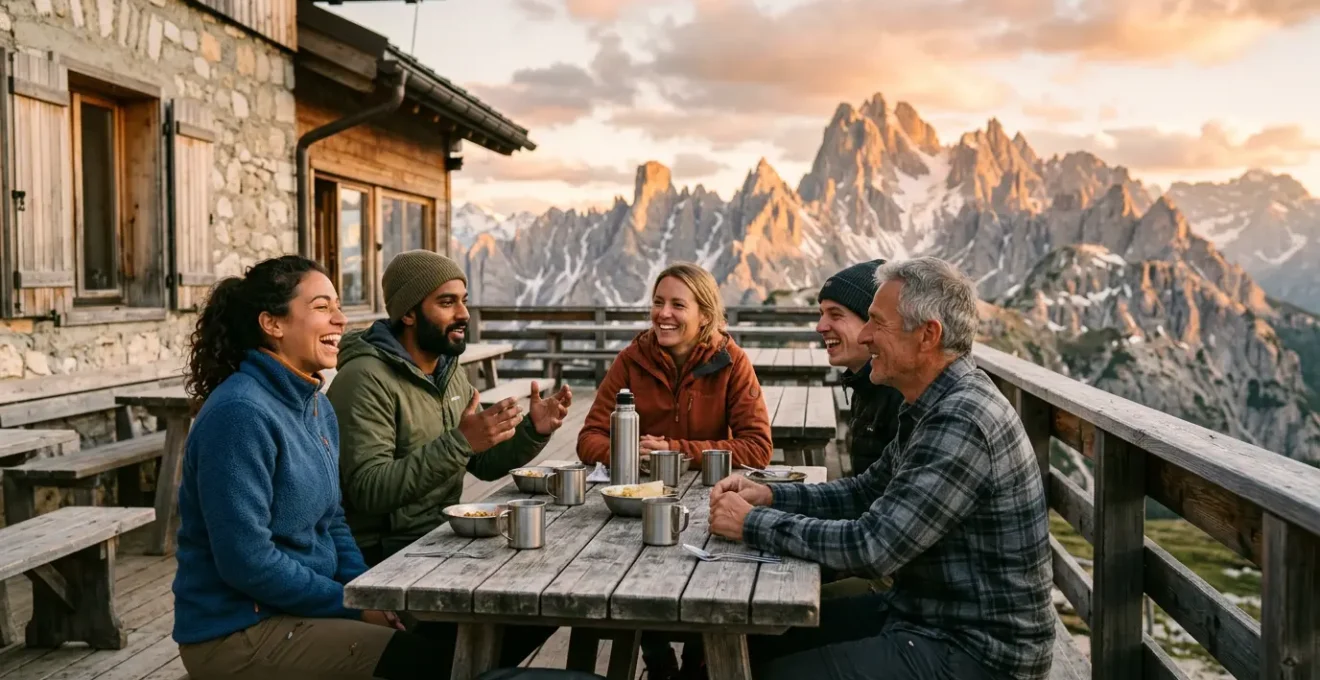 Randonneurs partageant un moment convivial à la terrasse d'un gîte de montagne au coucher du soleil