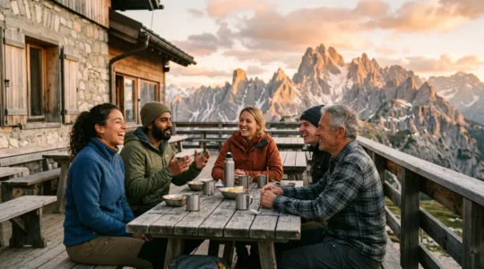 Randonneurs partageant un moment convivial à la terrasse d'un gîte de montagne au coucher du soleil
