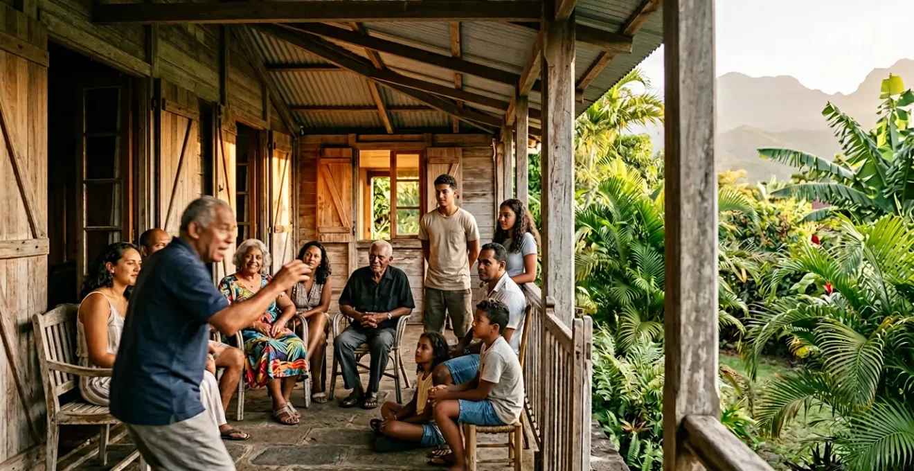 Scène de vie sociale réunionnaise illustrant la convivialité et les échanges communautaires caractéristiques du concept de ladilafé