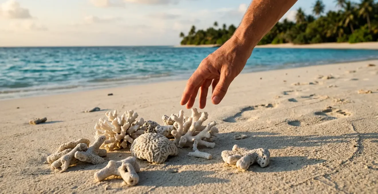 Corail blanchi échoué sur une plage tropicale avec main suspendue au-dessus sans toucher