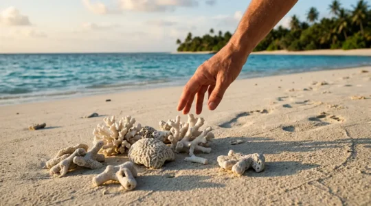 Corail blanchi échoué sur une plage tropicale avec main suspendue au-dessus sans toucher