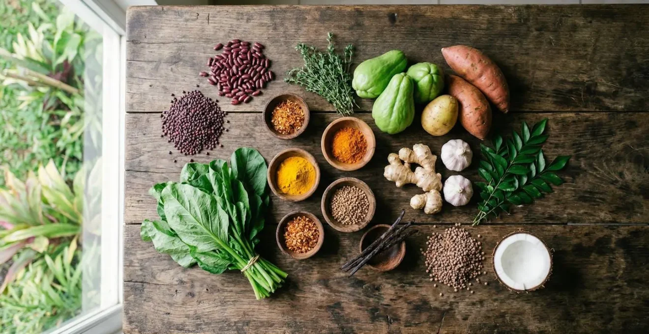 Composition culinaire créole avec légumes frais, épices colorées et brèdes sur une table en bois naturel