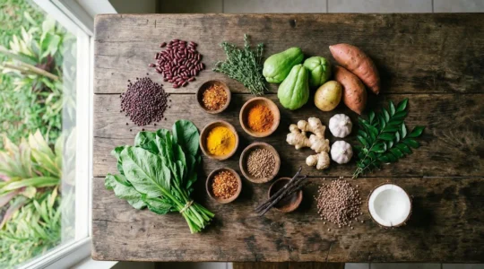 Composition culinaire créole avec légumes frais, épices colorées et brèdes sur une table en bois naturel