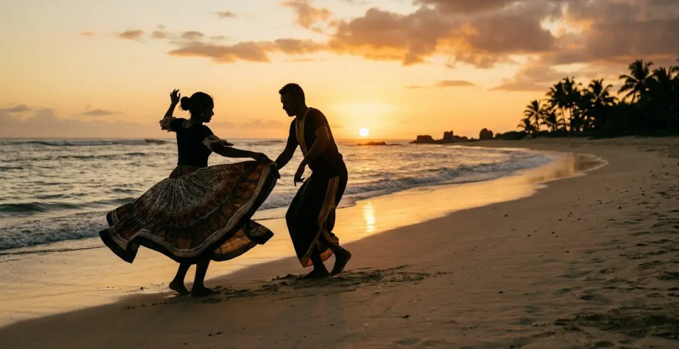 Couple dansant le séga sur une plage au coucher du soleil, mouvements fluides du bassin