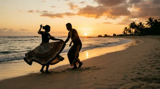 Couple dansant le séga sur une plage au coucher du soleil, mouvements fluides du bassin