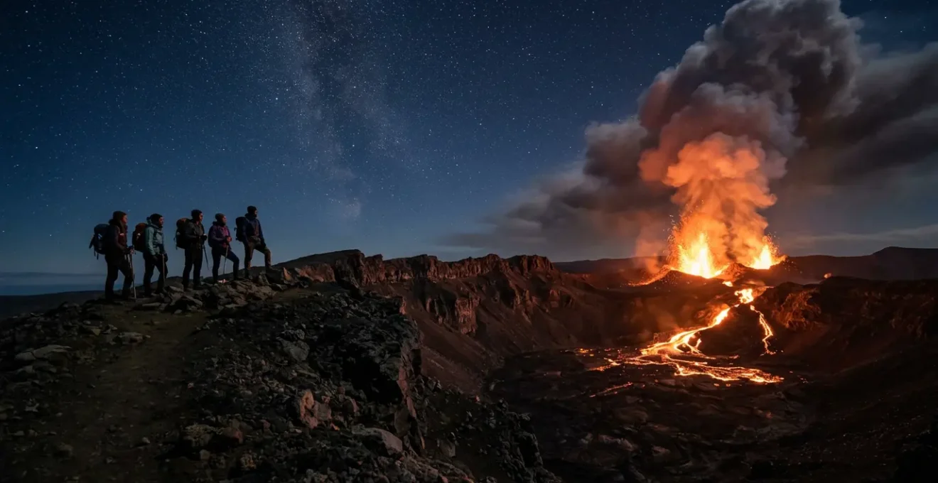 Randonneurs observant une éruption nocturne du Piton de la Fournaise avec des fontaines de lave rougeoyantes dans la nuit