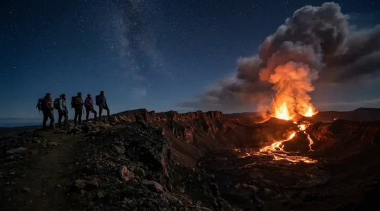 Randonneurs observant une éruption nocturne du Piton de la Fournaise avec des fontaines de lave rougeoyantes dans la nuit
