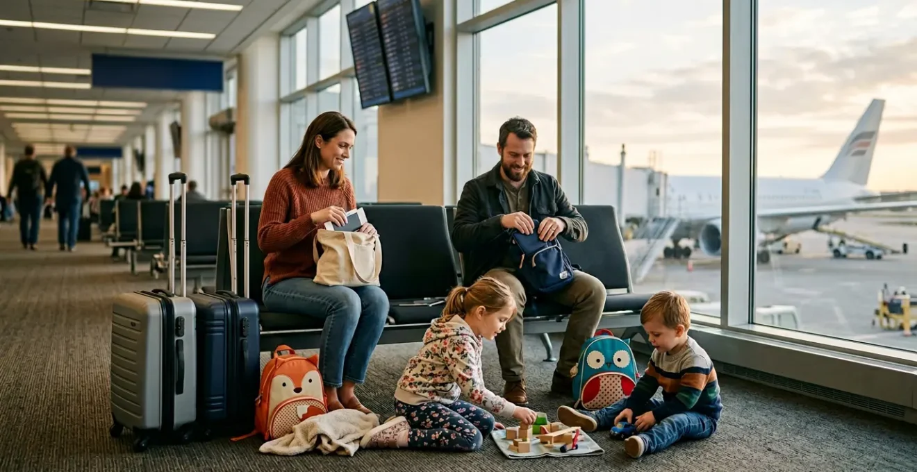 Famille avec jeunes enfants dans un aéroport, préparant leur voyage avec valises colorées et doudous