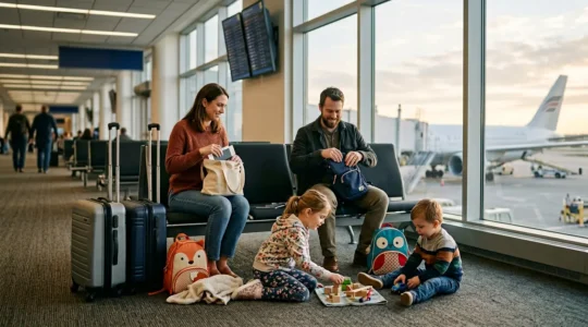 Famille avec jeunes enfants dans un aéroport, préparant leur voyage avec valises colorées et doudous