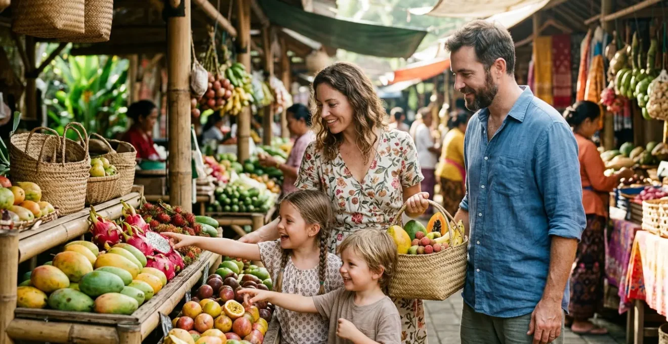 Famille de quatre personnes découvrant les étals colorés de fruits tropicaux au marché de Saint-Paul à La Réunion