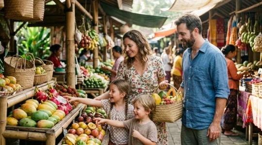 Famille de quatre personnes découvrant les étals colorés de fruits tropicaux au marché de Saint-Paul à La Réunion