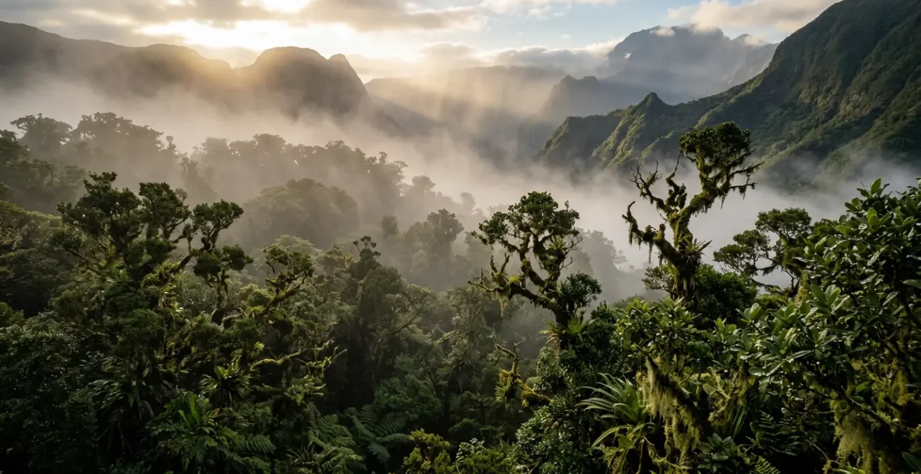 Forêt primaire de Bélouve avec ses tamarins des hauts recouverts de mousses épiphytes capturant l'humidité atmosphérique