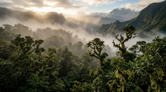 Forêt primaire de Bélouve avec ses tamarins des hauts recouverts de mousses épiphytes capturant l'humidité atmosphérique