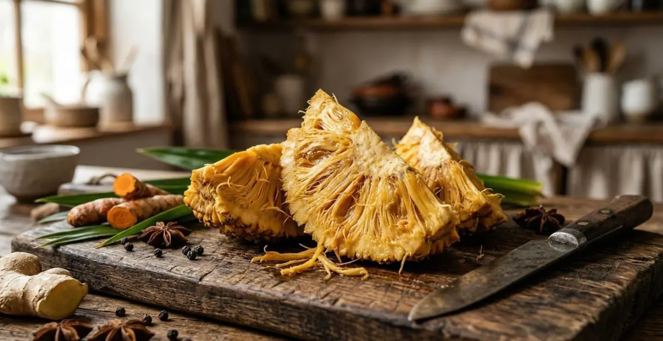 Fruit de pandanus jaune mûr coupé en sections sur une planche en bois avec des épices et ustensiles de cuisine traditionnels
