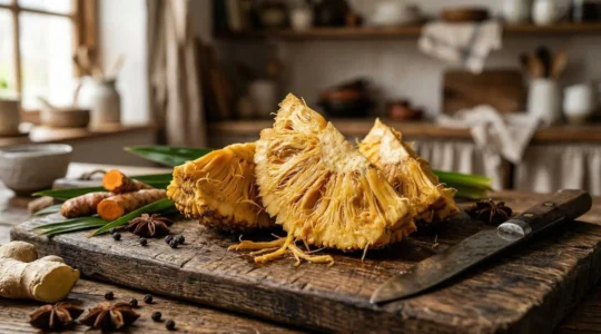 Fruit de pandanus jaune mûr coupé en sections sur une planche en bois avec des épices et ustensiles de cuisine traditionnels