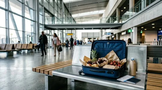 Valise ouverte avec fruits tropicaux emballés et documents de voyage à l'aéroport