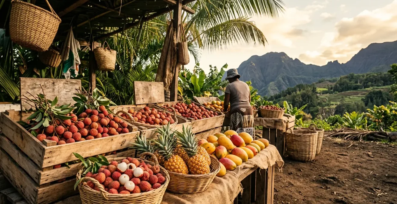 Assortiment de fruits tropicaux de La Réunion incluant litchis, ananas Victoria et mangues José sur un étal de marché