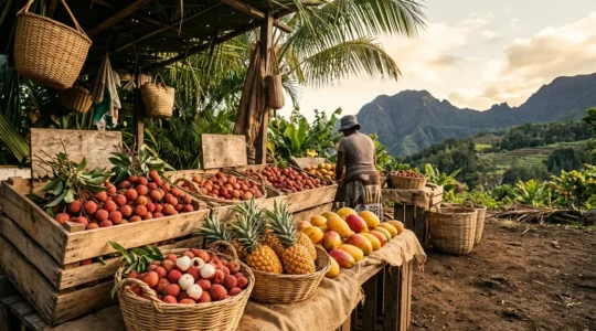 Assortiment de fruits tropicaux de La Réunion incluant litchis, ananas Victoria et mangues José sur un étal de marché