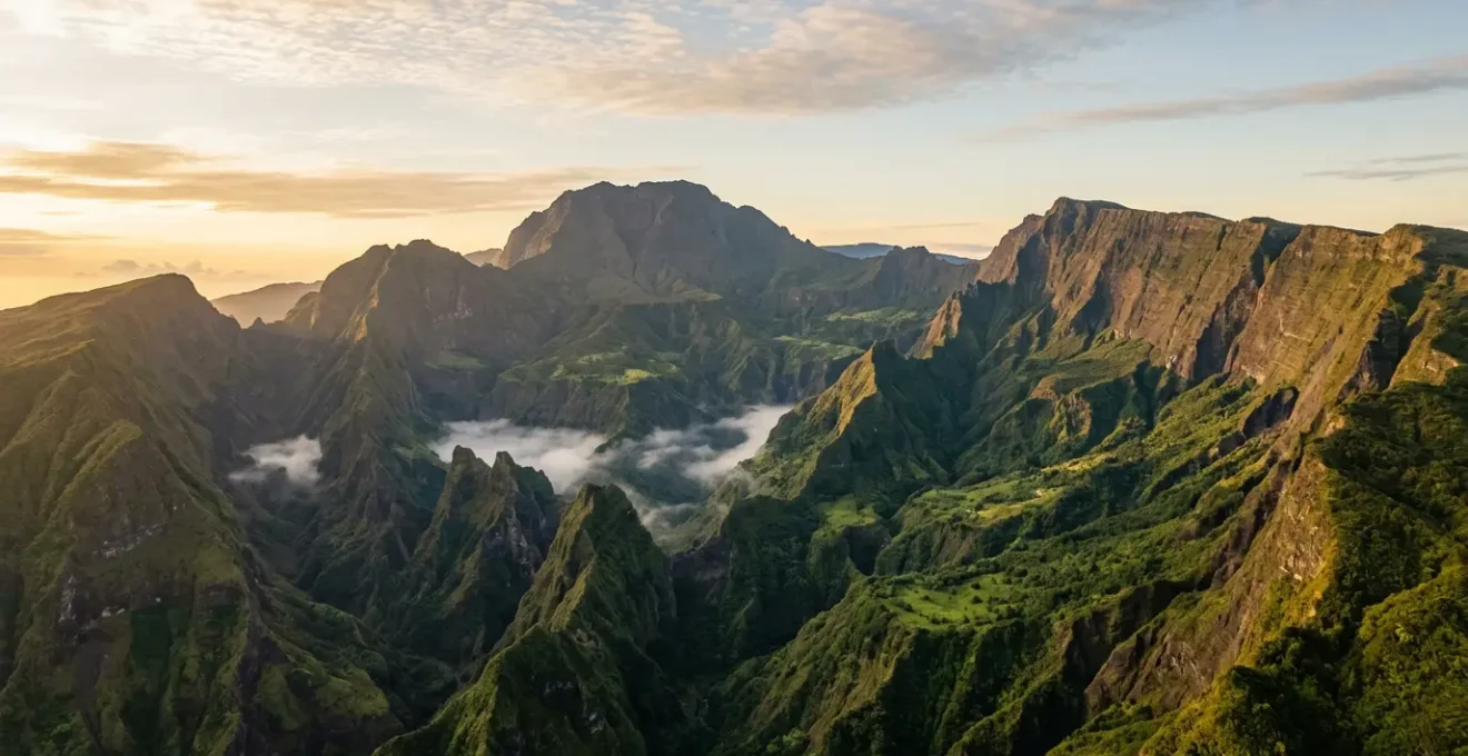 Vue aérienne spectaculaire de l'île de La Réunion montrant ses cirques volcaniques entourés de remparts vertigineux