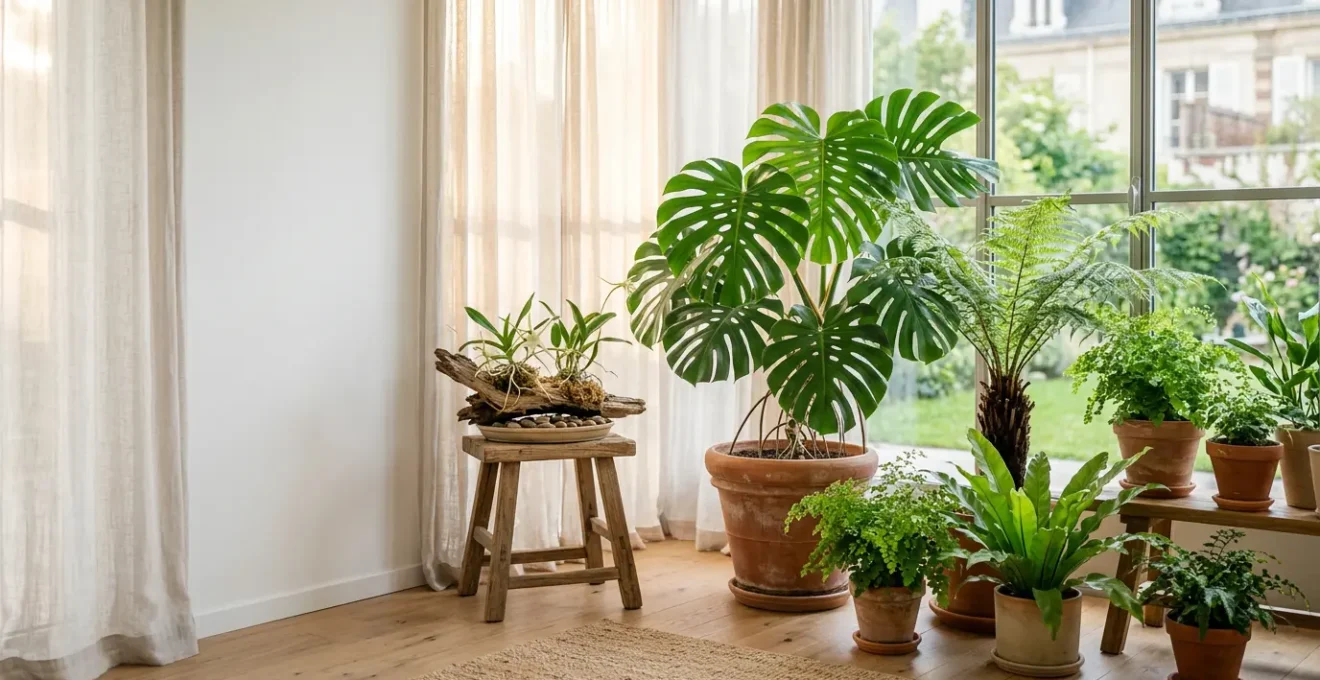 Intérieur lumineux avec collection de plantes tropicales de La Réunion cultivées en pots près d'une fenêtre.