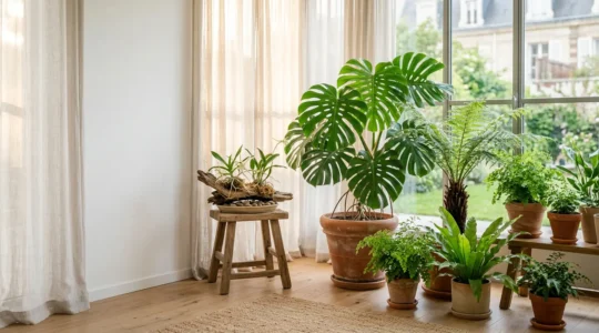 Intérieur lumineux avec collection de plantes tropicales de La Réunion cultivées en pots près d'une fenêtre.