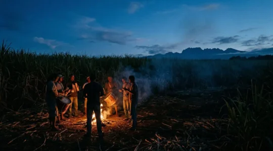 Cérémonie de servis kabaré avec musiciens jouant du roulèr et kayamb dans l'ombre de la nuit à La Réunion