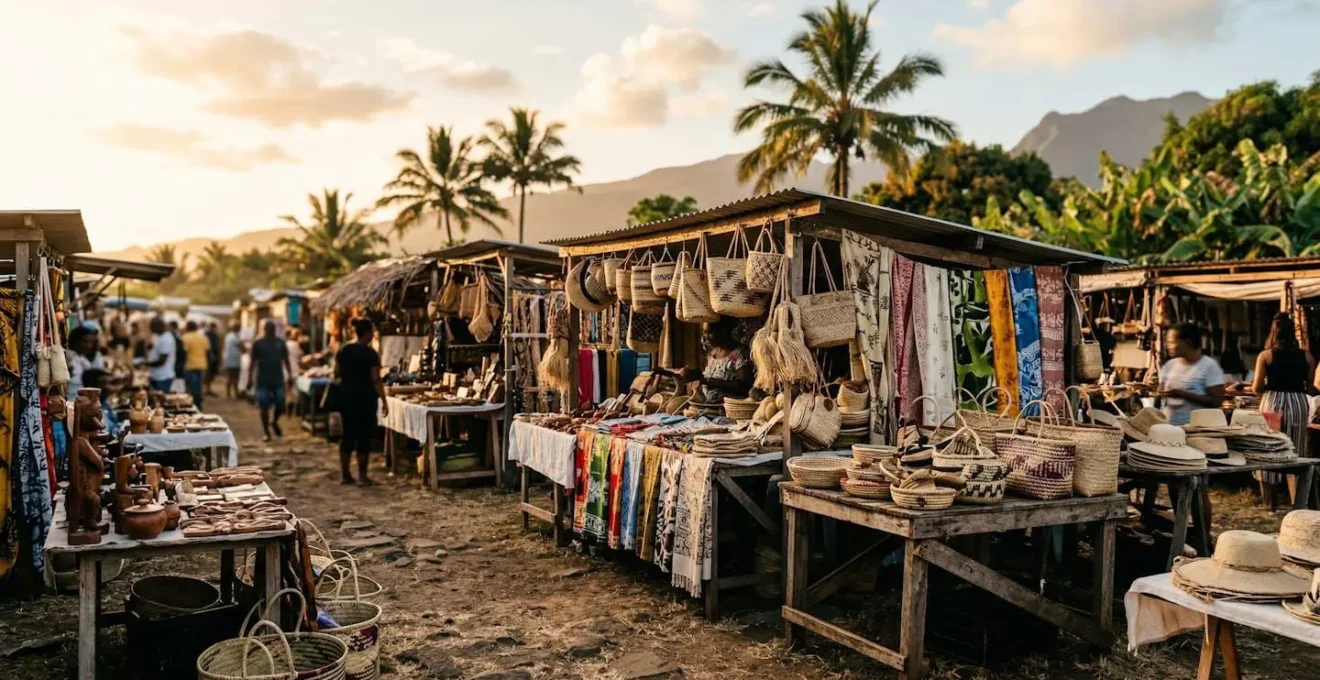Vue d'un marché artisanal réunionnais coloré avec des étals de produits locaux et de l'artisanat traditionnel