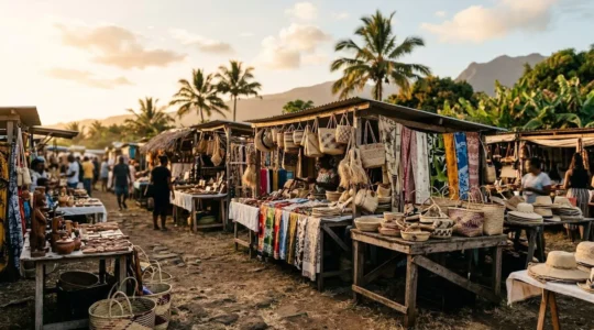 Vue d'un marché artisanal réunionnais coloré avec des étals de produits locaux et de l'artisanat traditionnel
