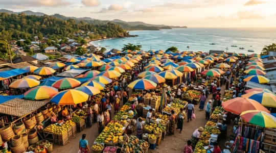Vue plongeante sur les étals colorés d'un marché tropical avec parasols et produits locaux