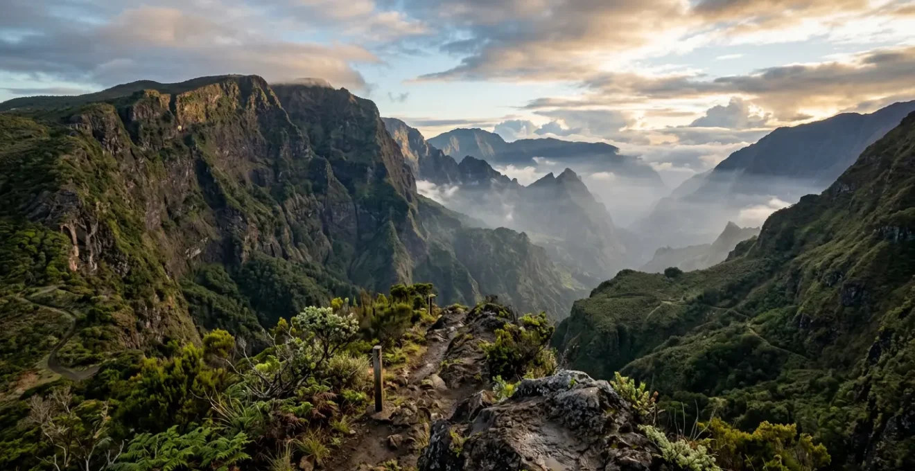 Vue dramatique des hauts de La Réunion avec ses pitons escarpés et remparts vertigineux dans la brume matinale, symbolisant les refuges naturels du marronnage