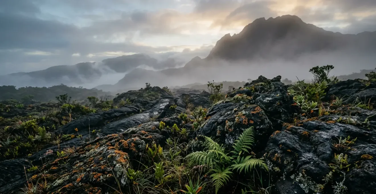 Reconstitution d'un oiseau géant terrestre dans un paysage volcanique de La Réunion avec végétation tropicale