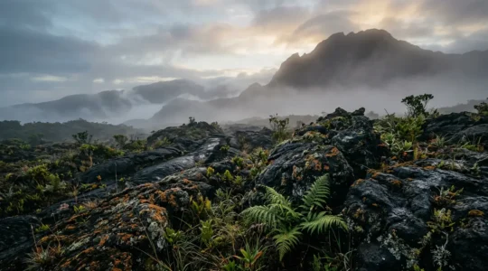 Reconstitution d'un oiseau géant terrestre dans un paysage volcanique de La Réunion avec végétation tropicale