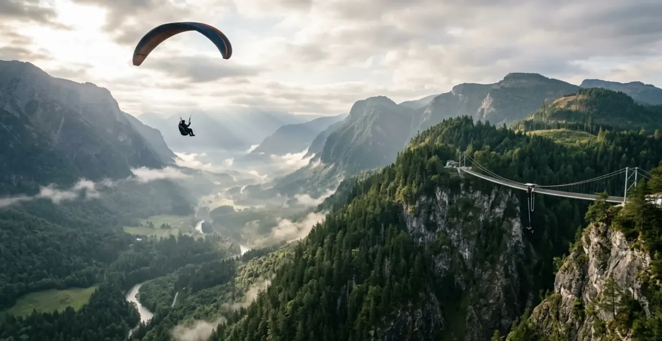 Vue aérienne d'un parapentiste survolant une vallée verdoyante avec un pont de saut à l'élastique visible en arrière-plan