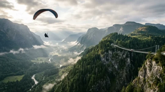 Vue aérienne d'un parapentiste survolant une vallée verdoyante avec un pont de saut à l'élastique visible en arrière-plan