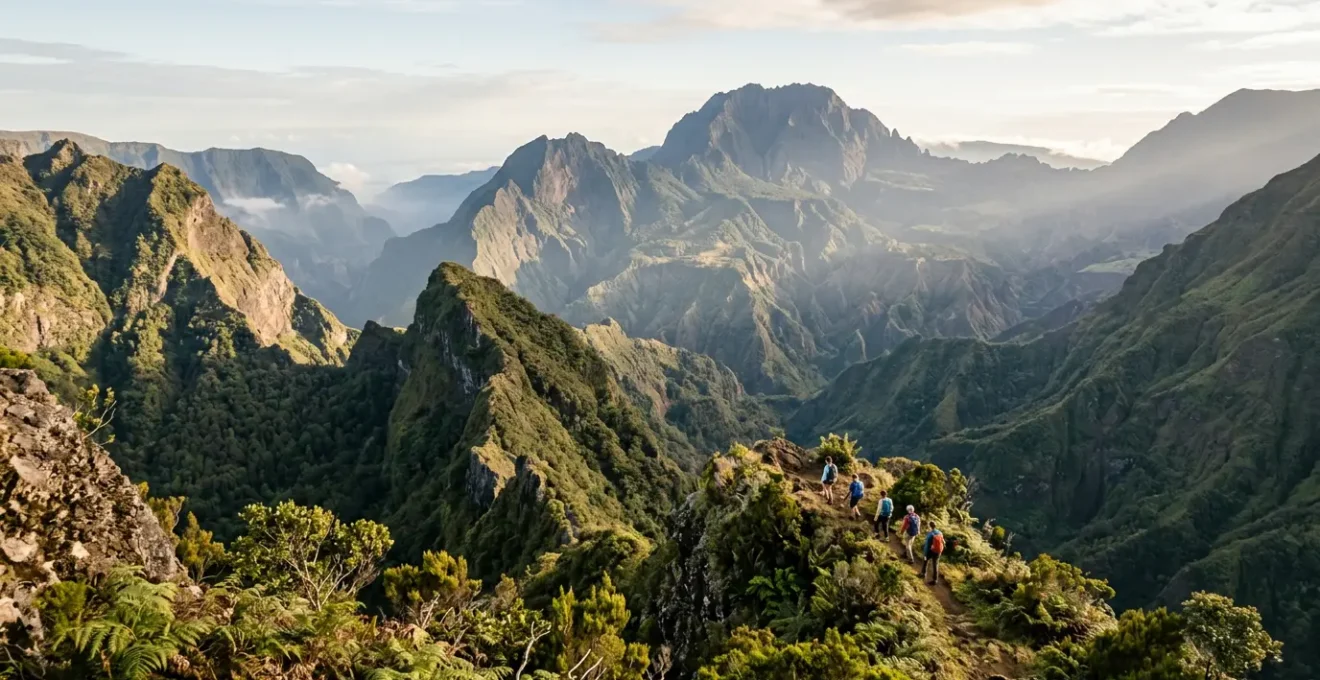 Vue panoramique des cirques et remparts de La Réunion avec randonneurs contemplant le paysage classé UNESCO
