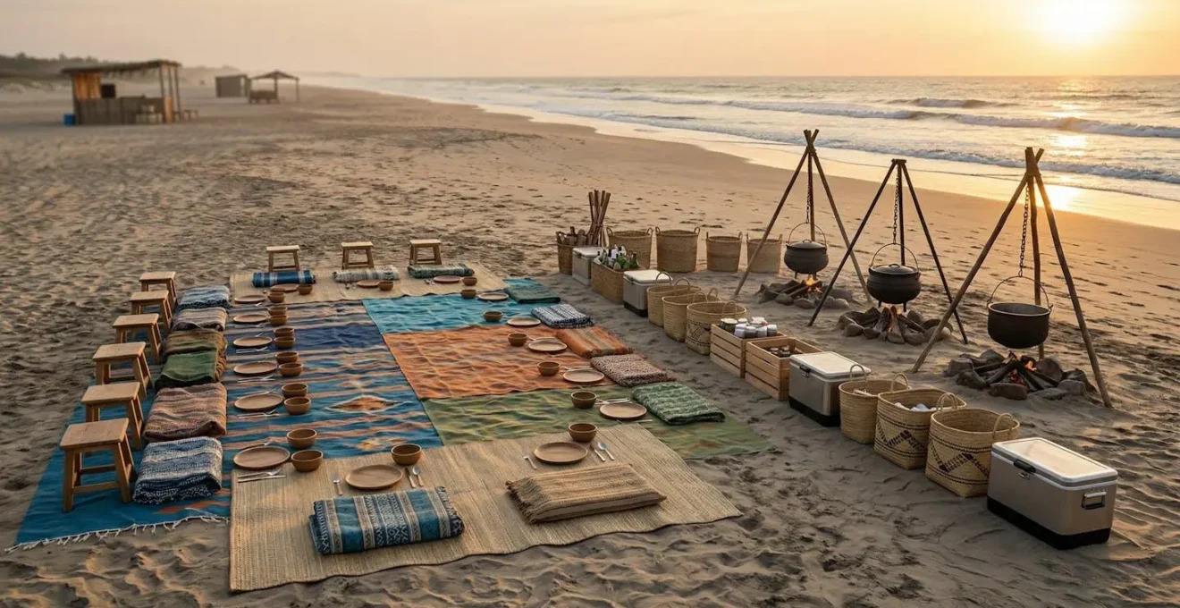 Organisation d'un grand pique-nique sur la plage avec marmites et installations