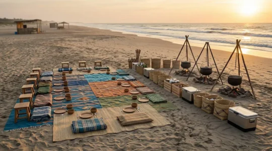 Organisation d'un grand pique-nique sur la plage avec marmites et installations